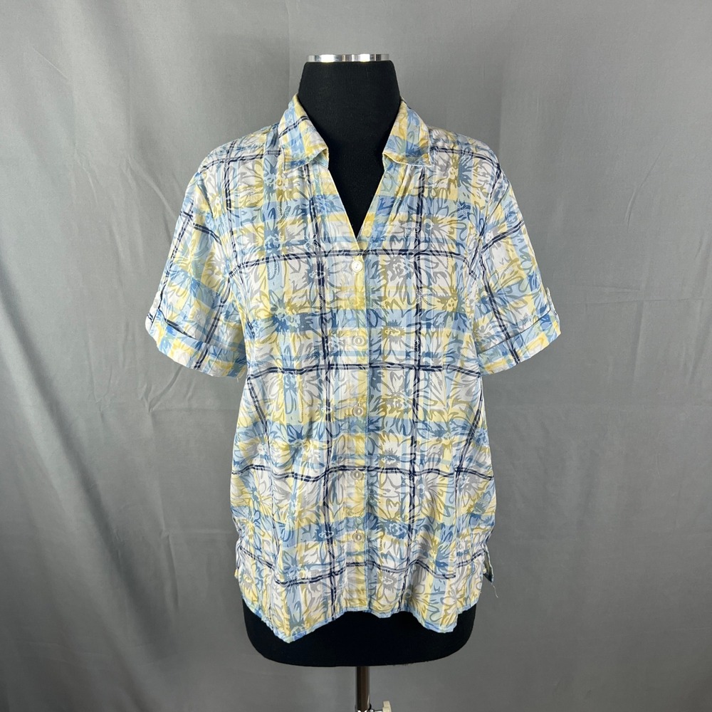 Alfred Dunner Shirt Womens Medium Multi Plaid Floral Cotton Collared Button Up